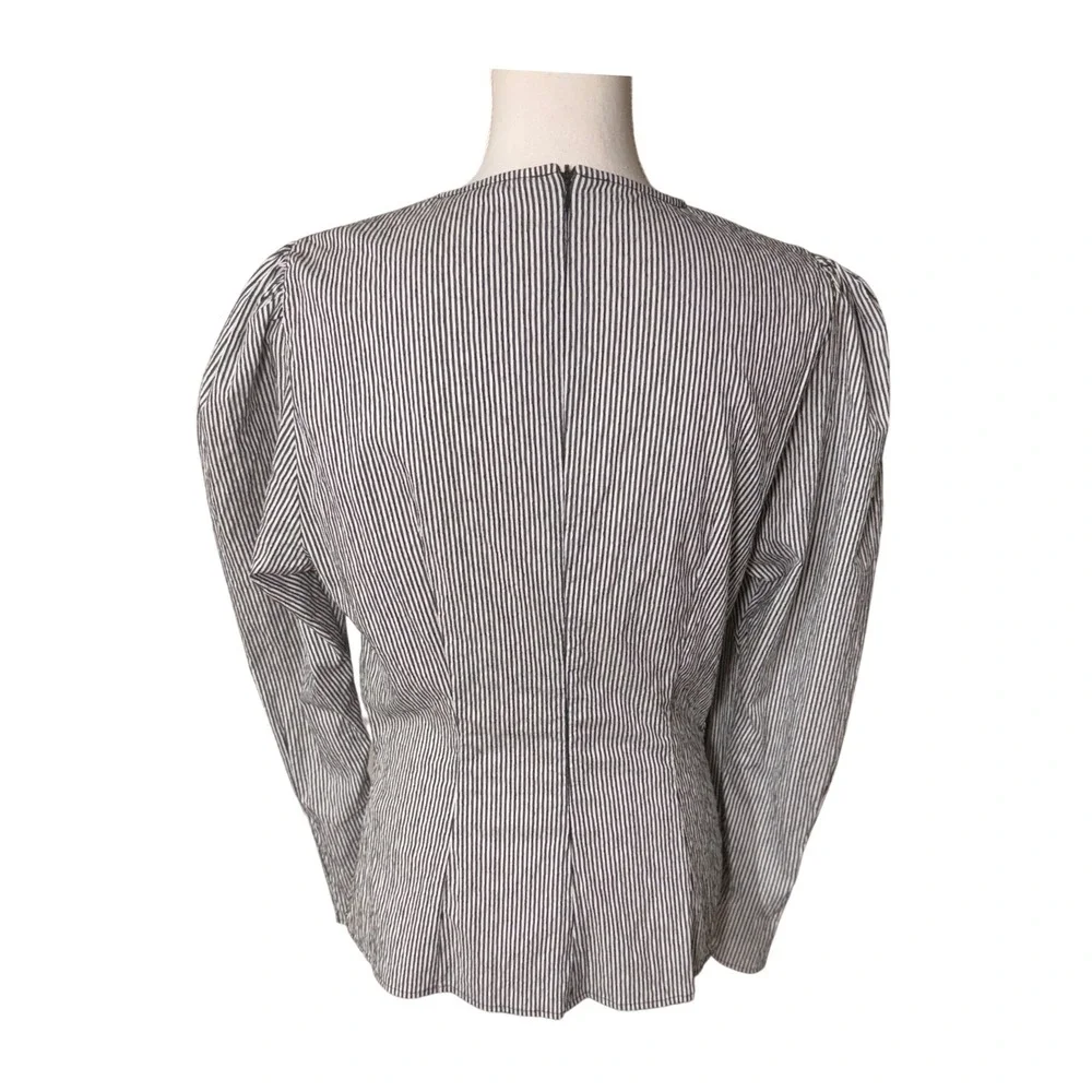 Zara Striped Ruched Puff Sleeve Blouse Black White Large Steampunk Victorian NWT